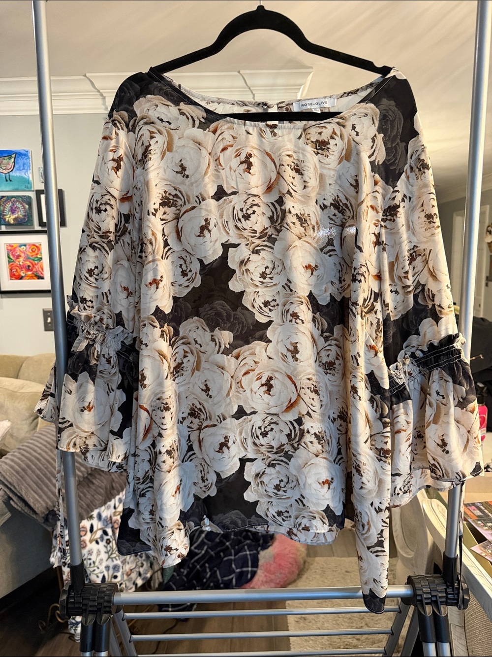 Rose & Olive Beige Floral Bell Sleeve Blouse on Black